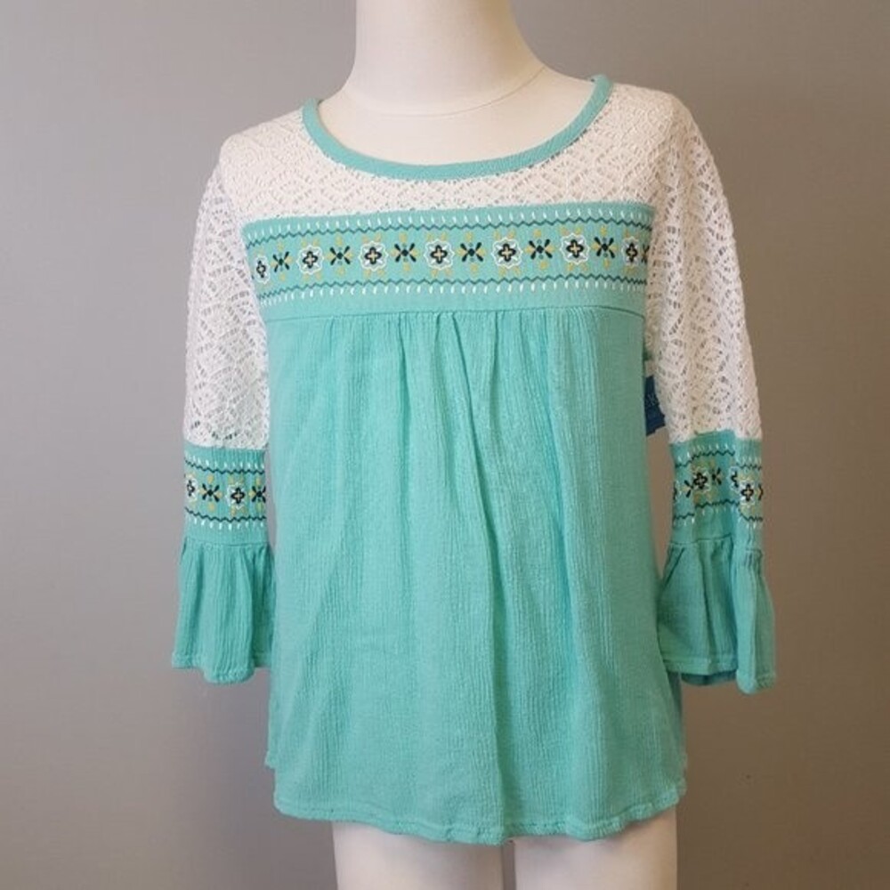 Sequin Hearts Girls Mint Green Boho Top Lace Insert
